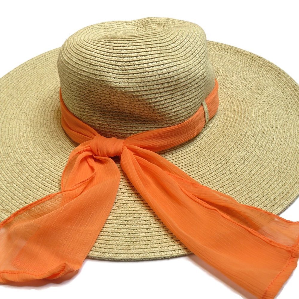 Raffia Sun Hat Paper Vacation Beach Wide Brim Peach Ribbon Travel Holiday Summer